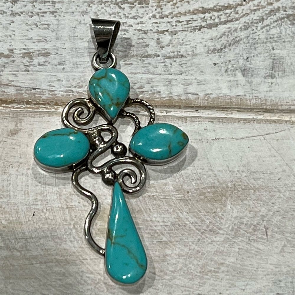 Unique Genuine Turquoise Sterling Silver Cross Pendant